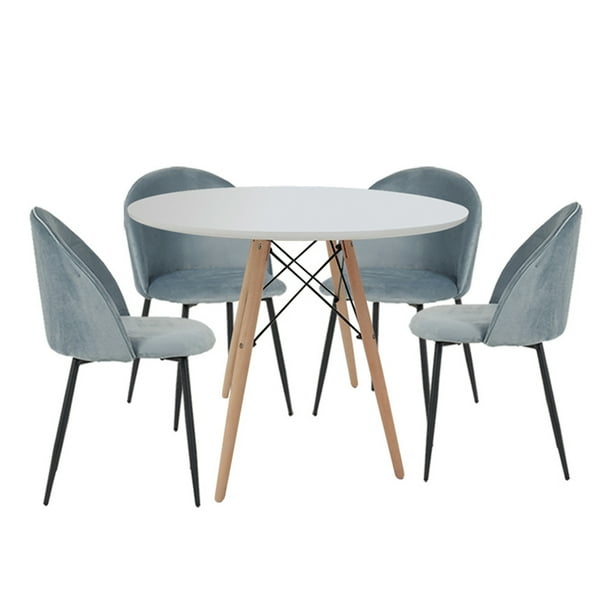 Ilios Innova | Comedor Roslo 4s Set de Mesa Redonda Blanca y 4 Sillas de Terciopelo Azul, Estilo Nórdico Moderno Minimalista para Espacios Pequeños