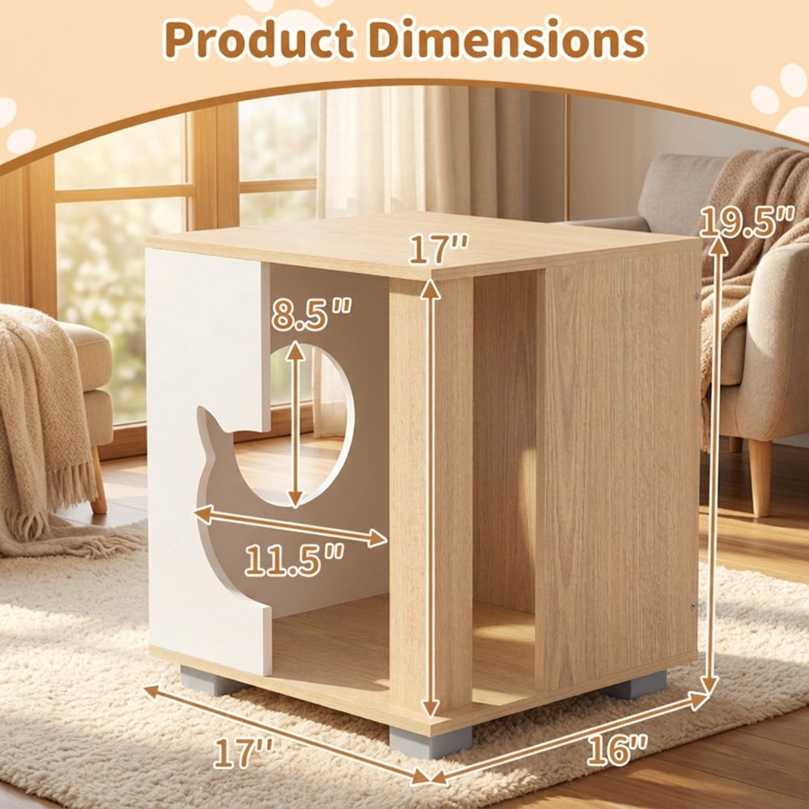 SUGIFT Wooden Cat Condo Side Table, Semi Enclosed Modern Pet House End Table Nightstand with Kitty Head Shaped Entry, Thick Metal Legs and Ventilated Hideaway for Living Room Bedroom, Natural