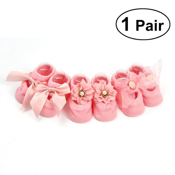 1 par de calcetines de algodón para bebé, niña, recién nacida, con lazo de flores y encaje, talla M (rosa, estilo aleatorio).