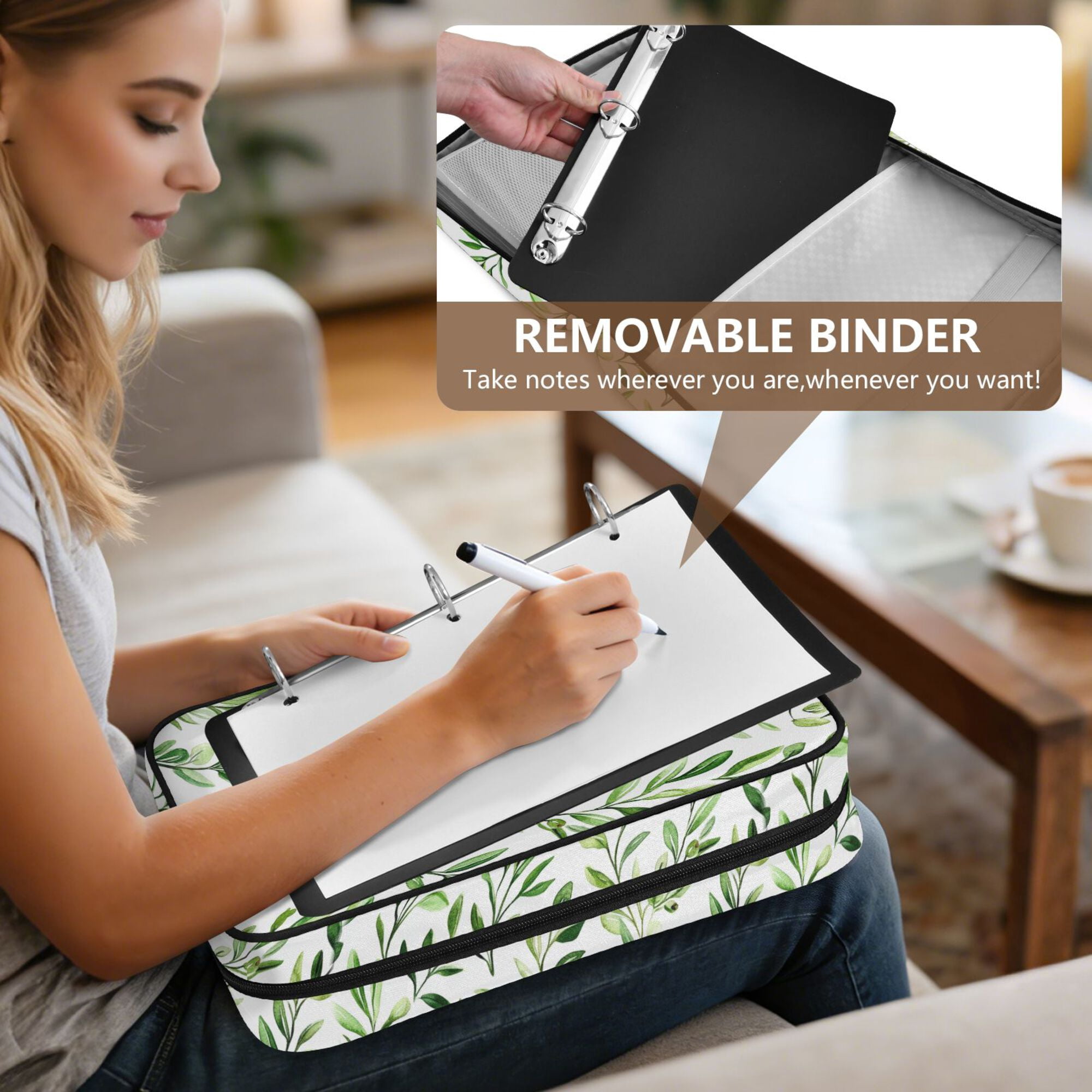 FORMRS Accordion File Folder A4 Size 7-Pocket Expanding Document Organizer Bag with 3 Ring Binder, Green Leafy Pattern