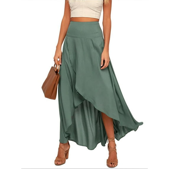 SAYOO Summer A-line Long Skirt for Women, Irregular High Waist Solid Color Stitching Skirts Casual Fashion