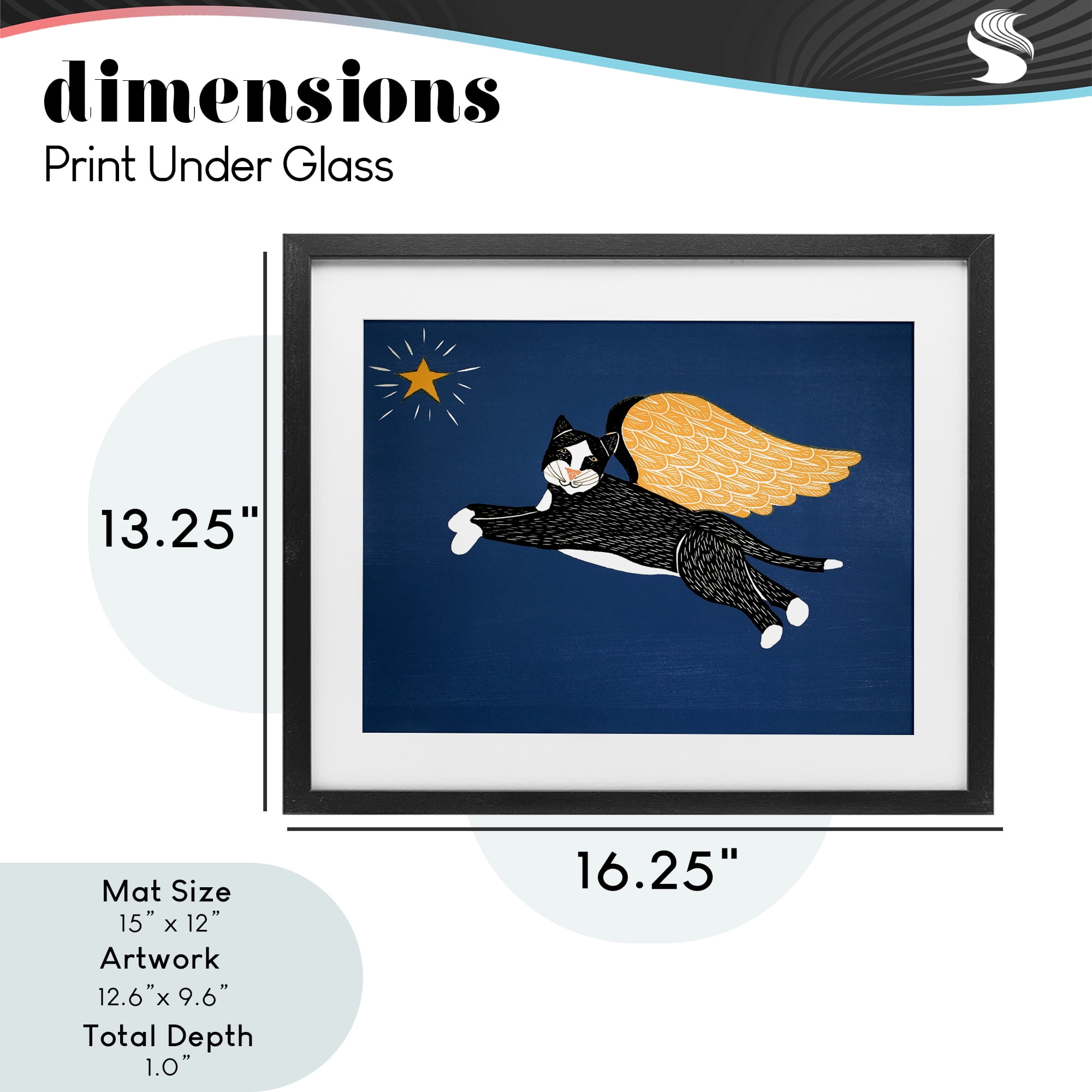 Angel Cat with Star Black Framed Print Under Glass, design by Stephen Huneck