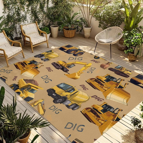 Construction Truck Outdoor Rug for Patio/Deck/Porch, Non-Slip Large Area Rug 5 x 8 Ft, Cartoon Grips and Bulldozers Turmeric Indoor Outdoor Rugs Washable Area Rugs, Camping Rug Carpet Runner