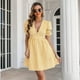 thumbnail image 2 of Plaid vestido profundo V cuello puff manga corta una línea de moda casual vestido para mujer amarillo Plaid XL, 2 of 7