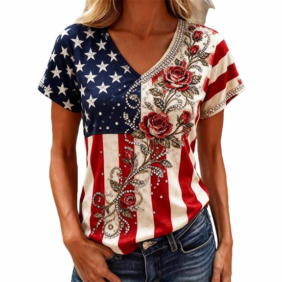 BOOMNY Independence Day Womens Short Sleeve Tshirts V Neck Patriotic Usa Flag Star Striped Graphic T-Shirts 4Th Of July Tee Tops for Women