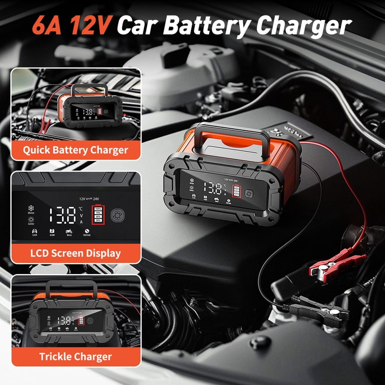 12V/24V 8A intelligente acculader, beheerder van de acculader en autoreparatiefunctie Draagbaar met LCD-scherm, voor auto, motorfiets, vrachtwagen, AGM, gel, nat, SLA (8-100AH) (zwartrood