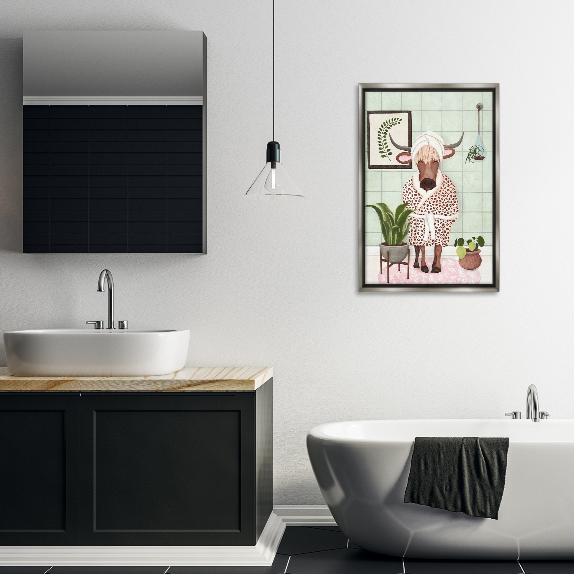 Stupell Industries Cow in Bathrobe Typography Painting Gray Floater Framed Canvas Art Print Wall Art, 21 x 31