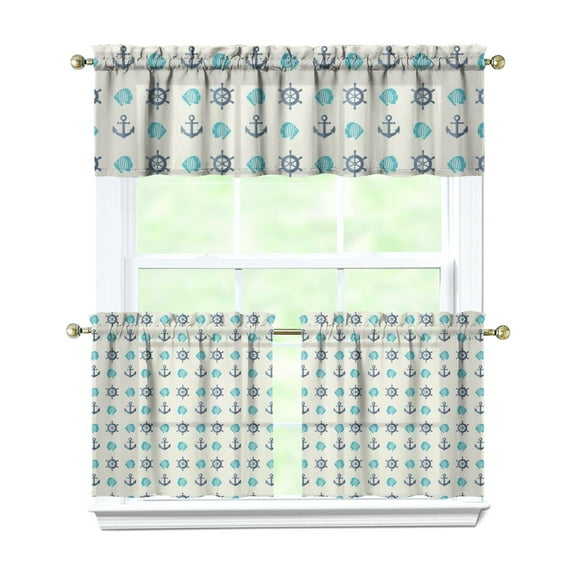 Anchor and Boat Print Kitchen Curtains Set Nautical Coastal Marine Ocean Sea Travel Tier and Valance Curtains with Lighthouse and Sailing Theme