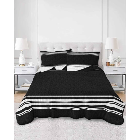 Quilts King Size, Black Striped Soft Comforter Bedding Set for Bed, Farmhouse Black White Stripes Lightweight Quilted Bedspread with Pillow Cover(2 Pieces) for All Season, 96x106 Inch