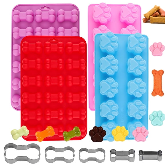 9PCS Silicone Puppy Dog Paw Bone Mold with Stainless Steel Bone Cookie Cutter, Dog Treat Mold for Jelly, Candy, Chocolate,Ice Cube, Snack Biscuits