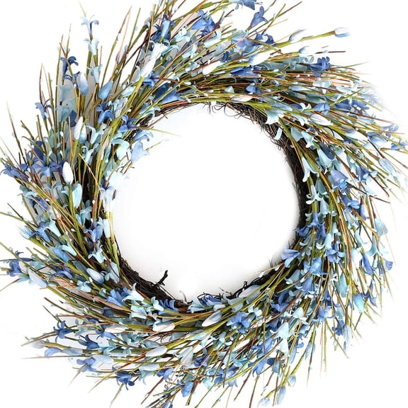 JEWLALO 18" Spring Artificial Forsythia Flower Wreath, All Year Around Wreath for Front Door, Wedding Window Home Wall Indoor Front Door Decor (Blue)