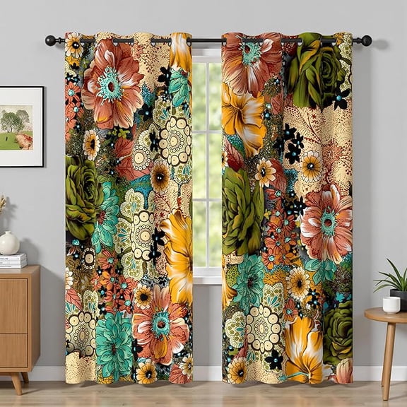 Boho Floral Blackout Curtains Colorful Flowers Bohemian Decor For Bedroom Living Room Grommet Window Drapes 53"W x 63"L (Pack of 2)