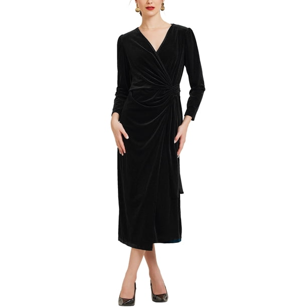 Vestido de terciopelo INSPIRE CHIC para mujeres, vestido maxi de cóctel para invitadas de boda con escote en V L Negro