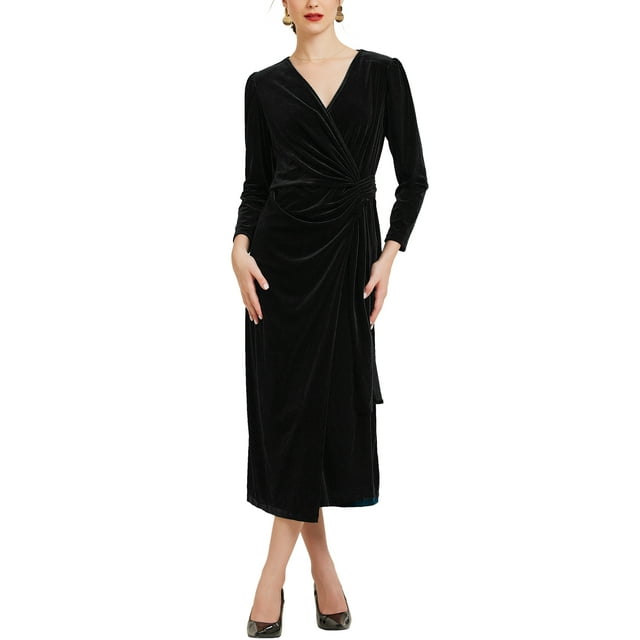 Vestido de terciopelo INSPIRE CHIC para mujeres, vestido maxi de cóctel para invitadas de boda con escote en V L Negro