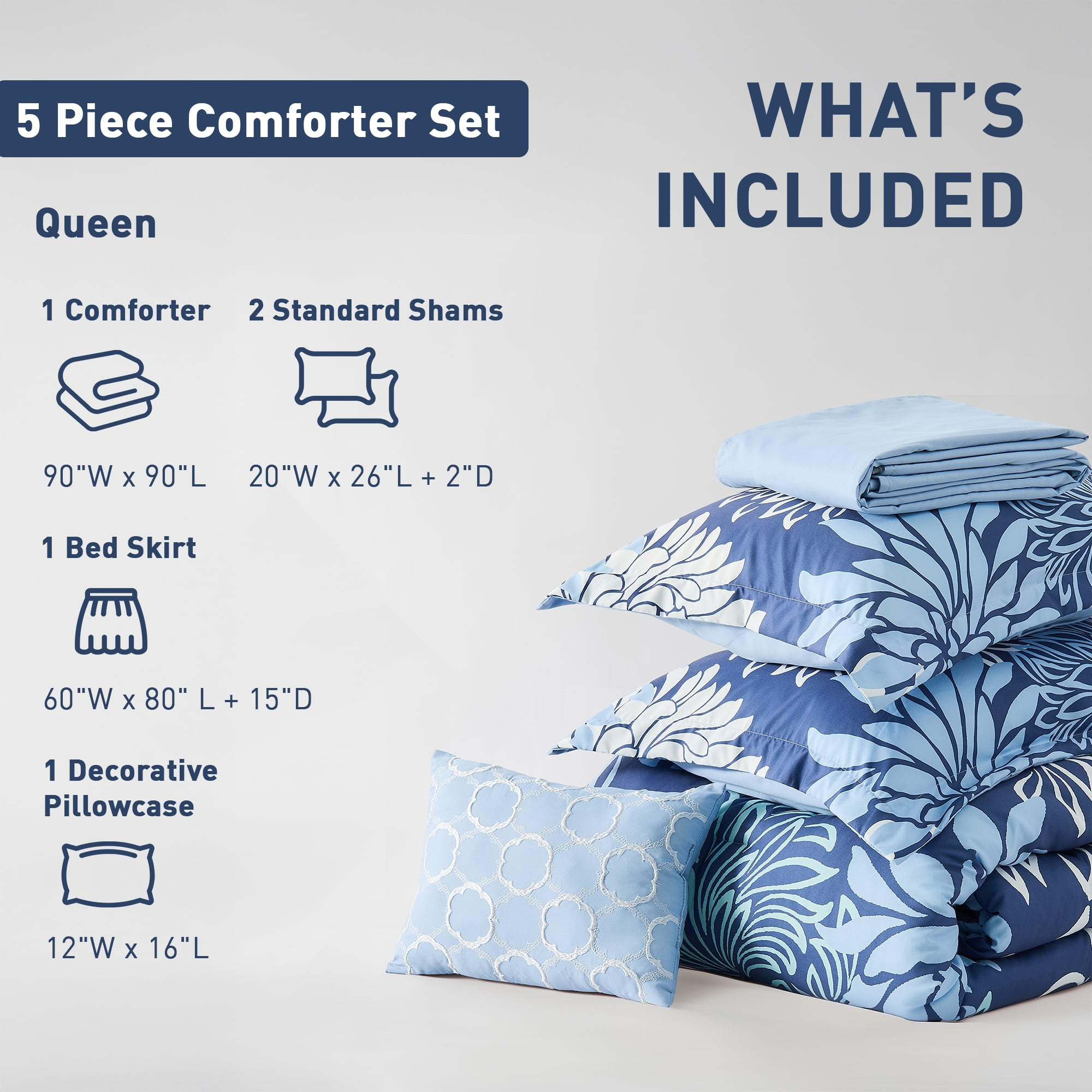 Regency Heights Queen Size Comforter Set, 5-Piece Floral Bedding Set for All Season, Blue Comforter Set Queen with Bed Skirt