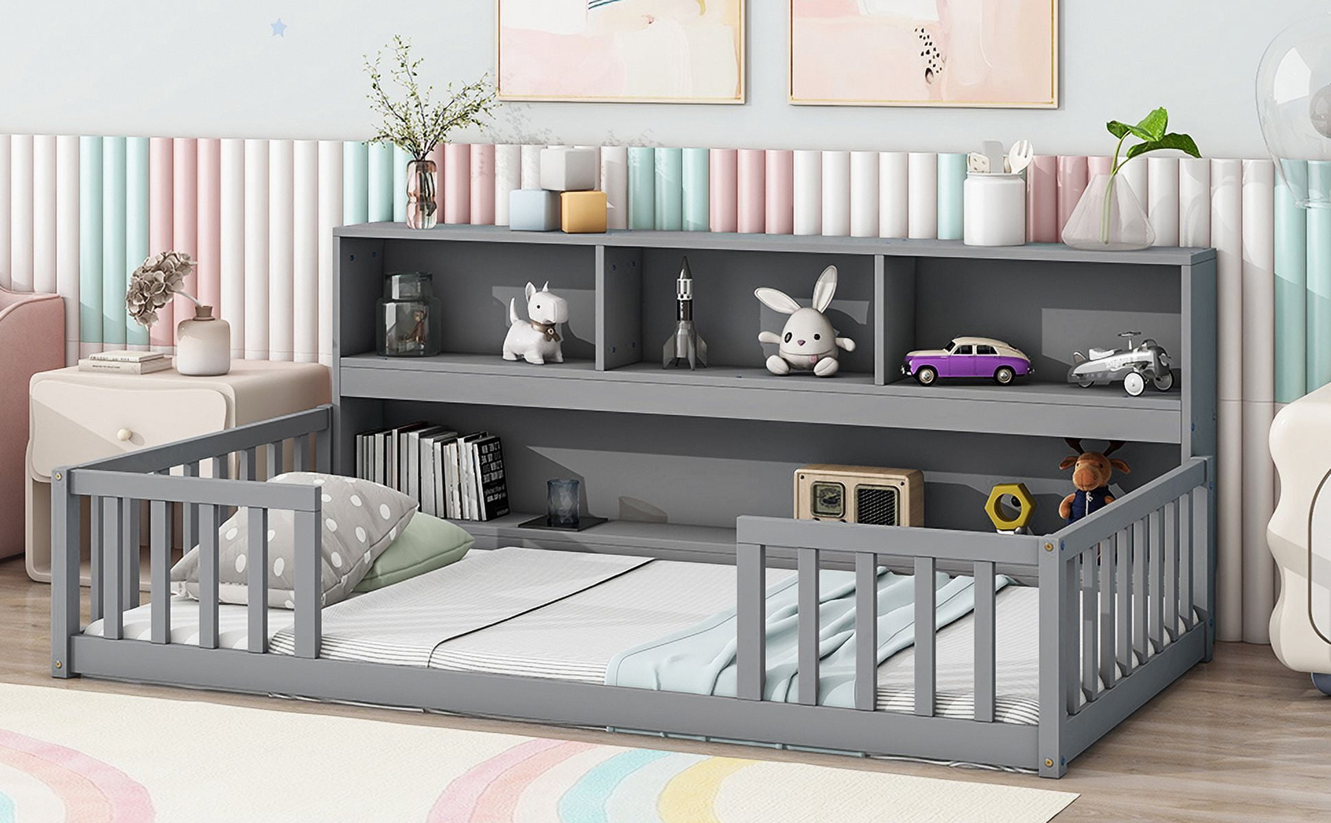 Yoneston Kids Twin Size Floor Bed Frame with Bedside Bookcase Storage Shelves and Guardrails for Toddlers Boys Girls Bedroom Furniture, Gray