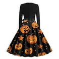 thumbnail image 3 of SwiftWear Women's Spooky Halloween Dress Crew Neck Long Sleeve Pumpkin Print Flared Dress with Bow Belt for Comfortable Party Outfit, Costume​, 3 of 3