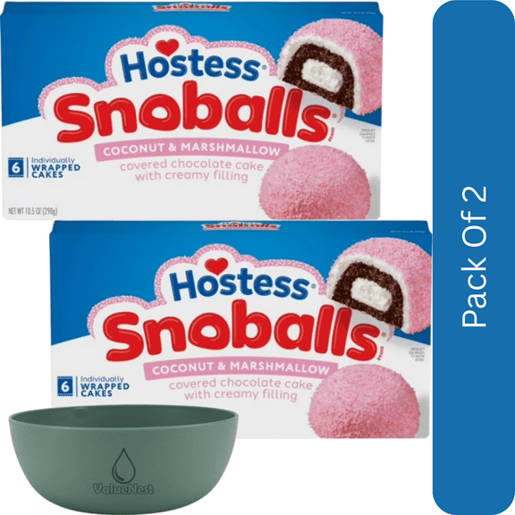 Hostess Snoballs Snack Cakes, Coconut & Marshmallow Covered Chocolate Cake, 10.5 oz Box (6 Ct.)-2pkWith Olive Green Bowl By ValueNest