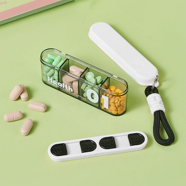 Pastillero de 4 compartimentos | Pastillero portátil de viaje con tapa transparente y cierre hermético | Estuche compacto de plástico para pastillas, joyas y artículos pequeños