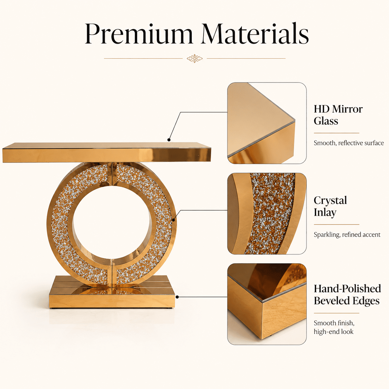 Aukfa 43" Mirrored Console Table, O-Shaped Crystal Inlay Entryway Table with Beveled Edges,Gold
