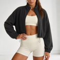 thumbnail image 4 of KHONTS Women's Full Zip Short Jacket Warm Winter Long Sleeve Stand Collar Sherpa Crop Coat Black M, 4 of 9