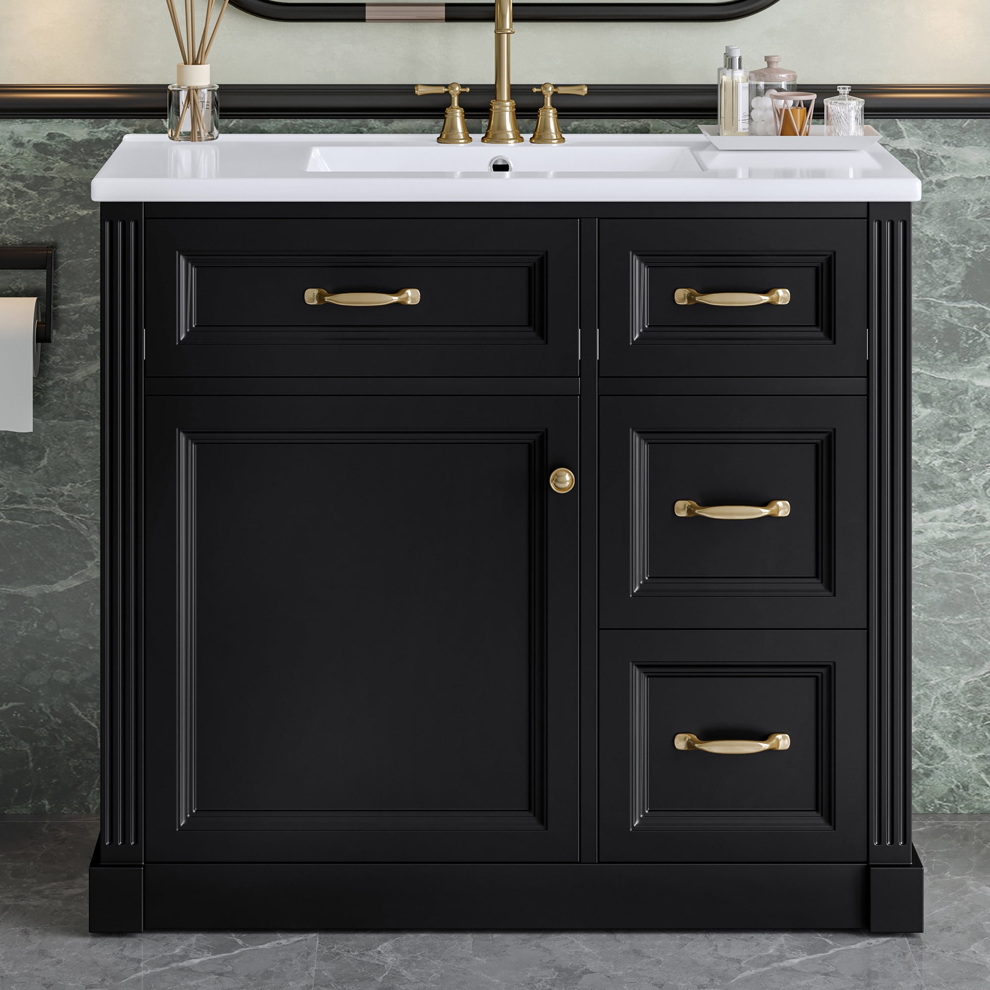 Euroco 36 Inch Bathroom Vanity with Sink, Cabinet with 4 Drawers, Soft-Close Door & Adjustable Shelf, Ceramic Basin, Modern Storage Vanity for Bathroom Organization, Black Finish