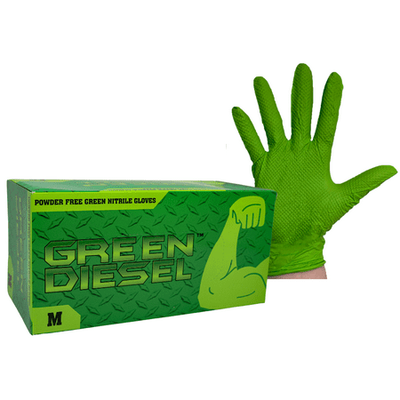 

The Green Diesel Green Nitrile Powder Free Disposable Gloves 8 MIL Diamond Textured Sizes Medium Sold by Box