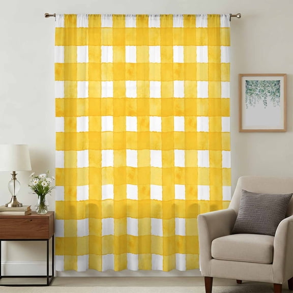 Yellow Plaid Sheer Curtains 84 Inches Long, Watercolor Grid Checker Gingham Farmhouse Light Filering Curtains, Breathable Simi Curtain Privacy Drapes for Living Room Bedroom Window Treatment