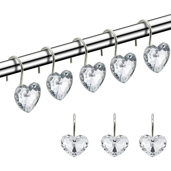 Decorative Crystal Heart Shape Shower Curtain Hooks Rust Resistant Hooks Glide Shower Ring Hangs Holder Bling for Bathroom, Pack of 12 White