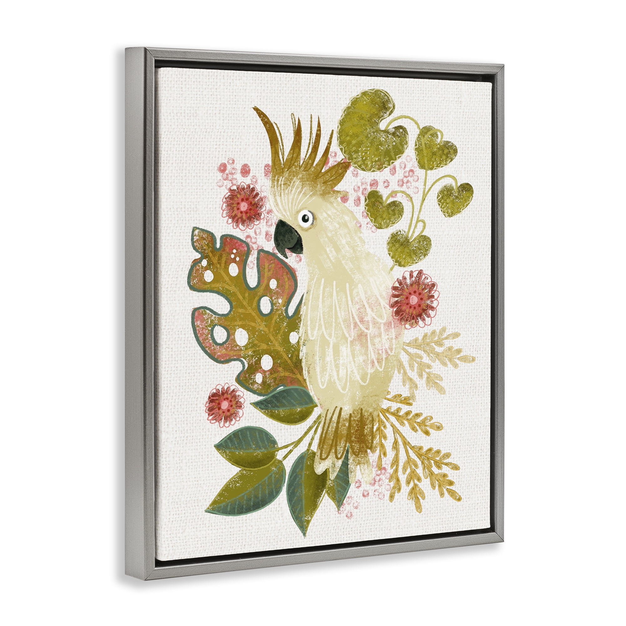 Stupell Industries Cockatoo & Tropical Leaves Animals & Insects Painting Gray Floater Framed Canvas Art Print Wall Art, 25 x 31