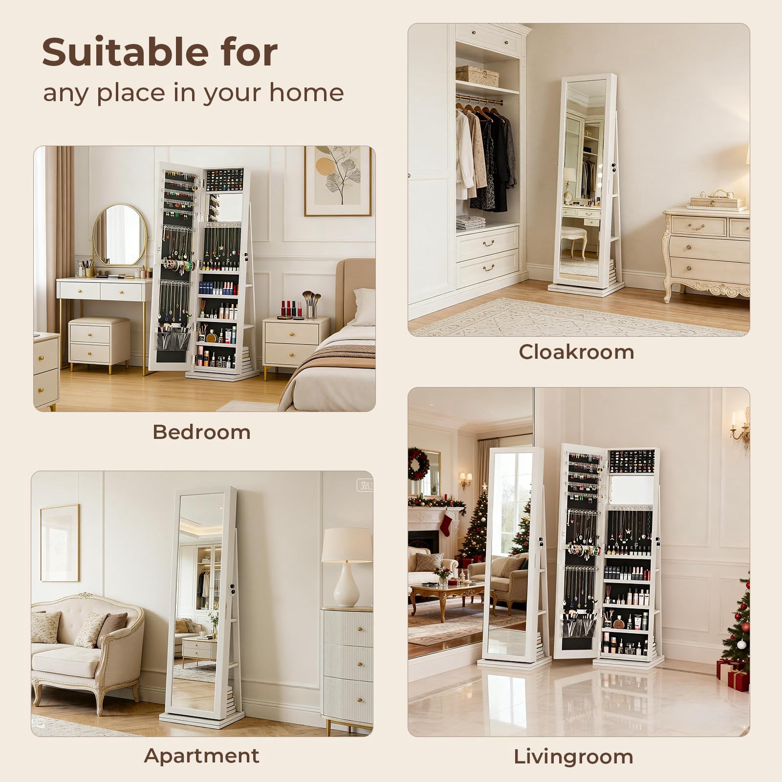 4 in 1 Jewelry Cabinet with Full-Length Mirror, 360° Swivel Jewelry Armoire Lockable Standing, Jewelry Organizer with Storage, Back Storage Shelves, Makeup Mirror, White