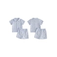 thumbnail image 2 of BemeyourBBs Toddler Baby Boys Summer Clothes Infant Baby Boys 2 Piece Summer Outfit Solid Color Eyelet Lapel Short Sleeve Button Down Shirt Top and Shorts 2Pcs Set, 2 of 9