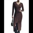 thumbnail image 1 of Vestido Midi de Punto Acanalado para Mujer, Estilo Informal, Cuello en V, Larga, Ajustado, para Otoño de 2025 Marrón XL, 1 of 8