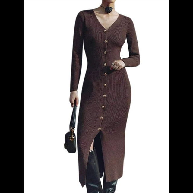 Vestido Midi de Punto Acanalado para Mujer, Estilo Informal, Cuello en V, Larga, Ajustado, para Otoño de 2025 Marrón XL