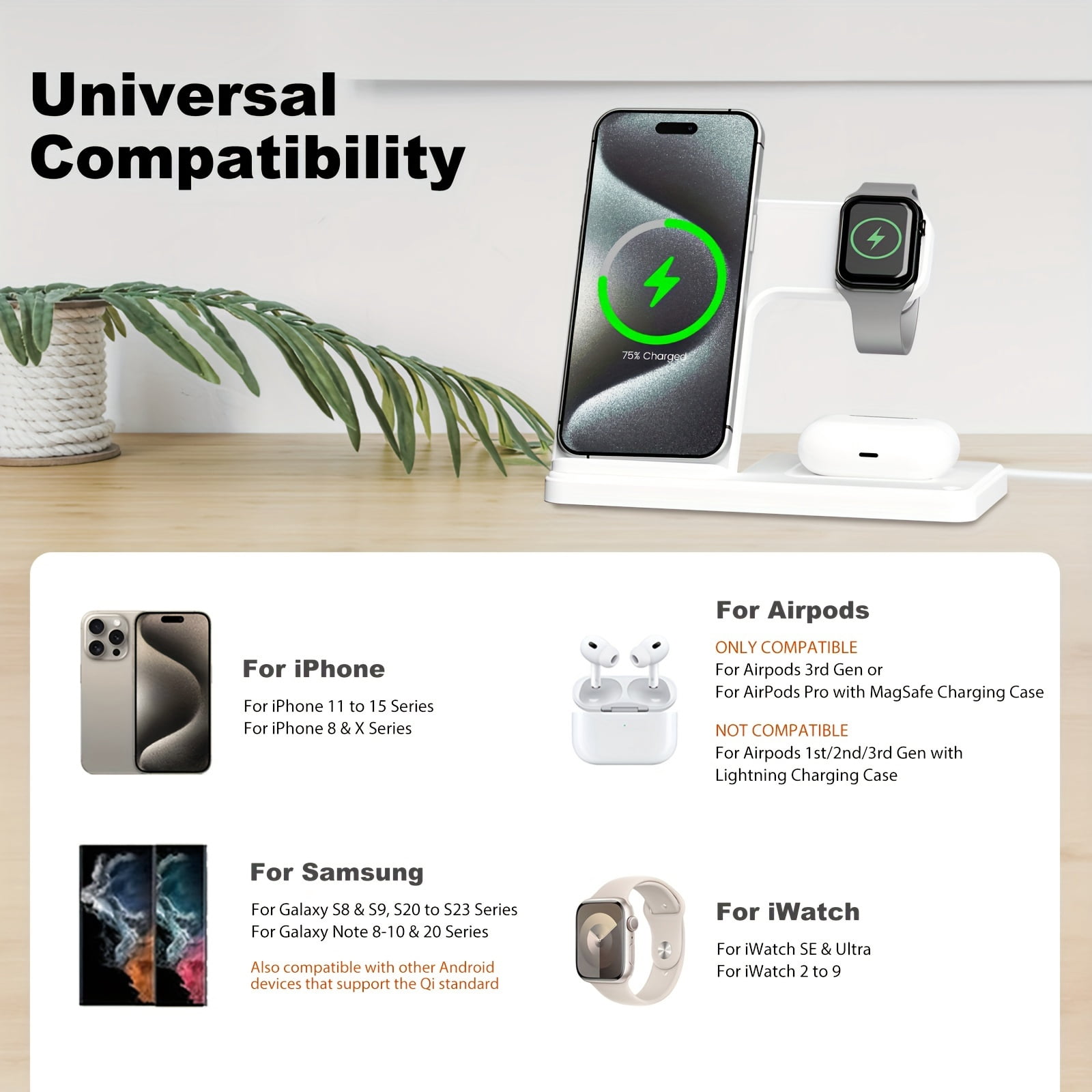 [Fast Wireless Charger] Fast 3-in-1 Portable Wireless Charger | Foldable Charging Station with Adapter - for iPhone 16 15 14 13 12 11 Pro Max/Pro/Mini/Plus, iWatch 9 8 7 6 5 4 3 2 Se, Airpods 3 2 Pro