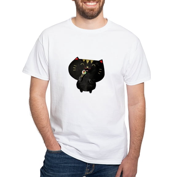 CafePress - Black Sushi Cat T Shirt - Men's White Classic Cotton T-Shirts