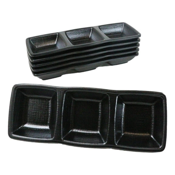 Pack Of 6 Black Silk Melamine 3 Partition Condiment Sauce Dipping Bowl or Dishes