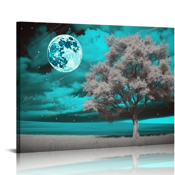 COMIO Tree of Life Wall Art Picture Canvas Prints Room Wall Décor Blue Tree with Full Moon Paintings for Living Room Bathroom Bedroom Home Kitchen Decorations Natural Artwork Wooden Framed