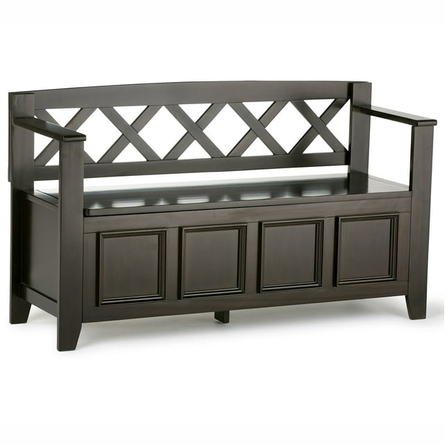 SIMPLIHOME Amherst Banc de Rangement d'Entrée en Bois Massif de 48 Pouces de Large avec Charnière de Sécurité, Multifonctionnel Transitionnel en Brun Hickory