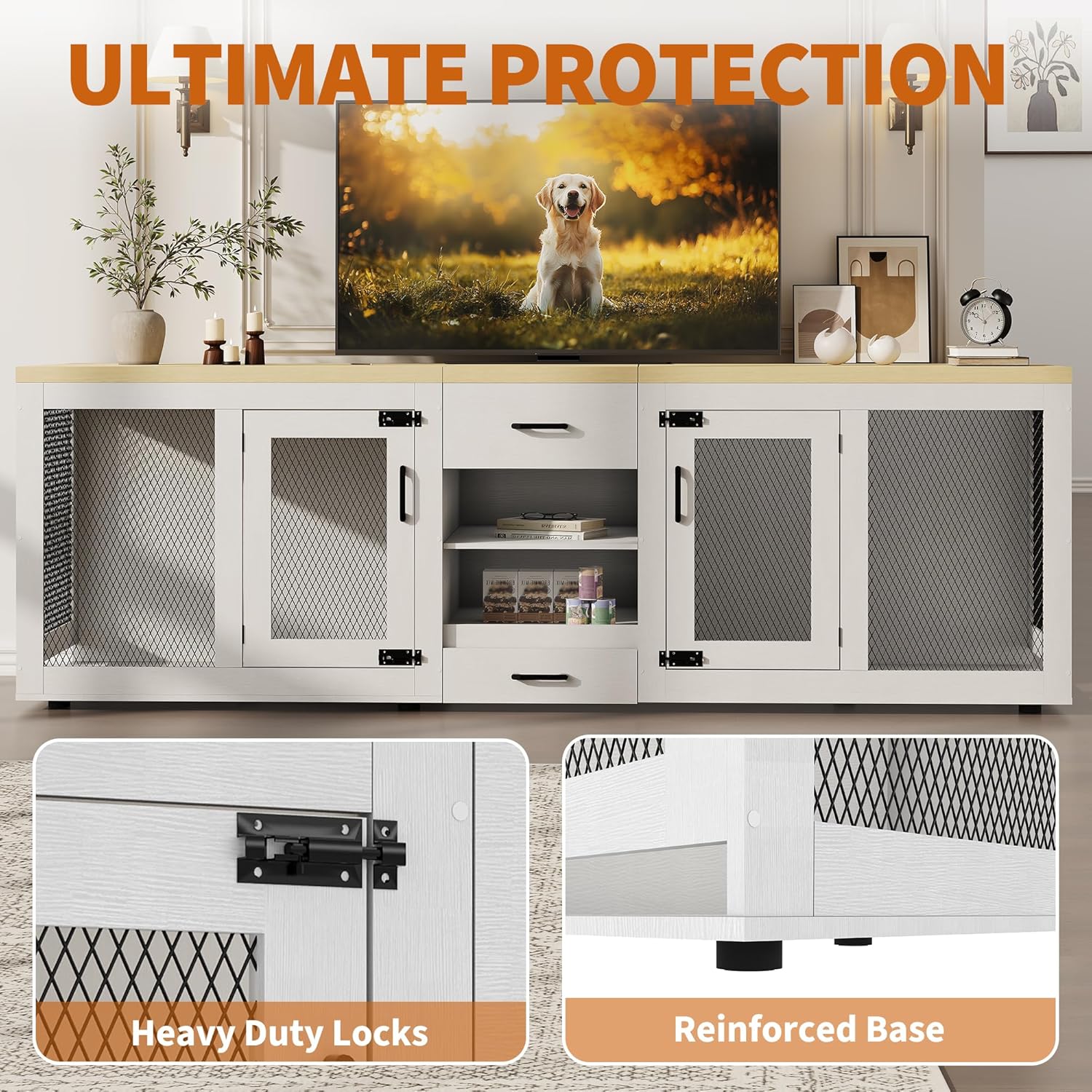 90" Double Dog Crate Furniture with Feeding Station, Heavy Duty Dog Kennel TV Stand with Storage for 2 Large Dogs