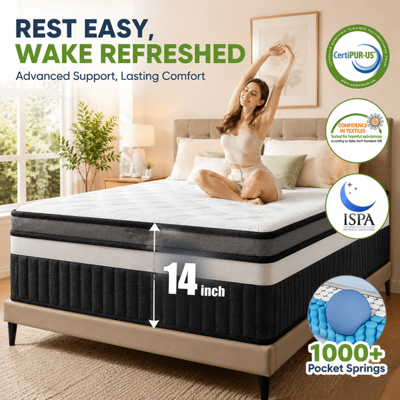 14 Inch Queen Mattress,Gel Memory Foam Mattress with Cooling Comfort,Pressure Relief Support,Three Layer Foam System,Medium Firm Queen Size Mattress in a Box,CertiPUR-US Certified