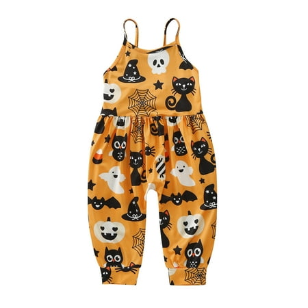 

6-9 Month Girl Clothes Ropa Para Bebe Niño Halloween Onesie Print Pumpkin Costume Skull Cartoon Sleeveless With Pocket Yellow Clothes