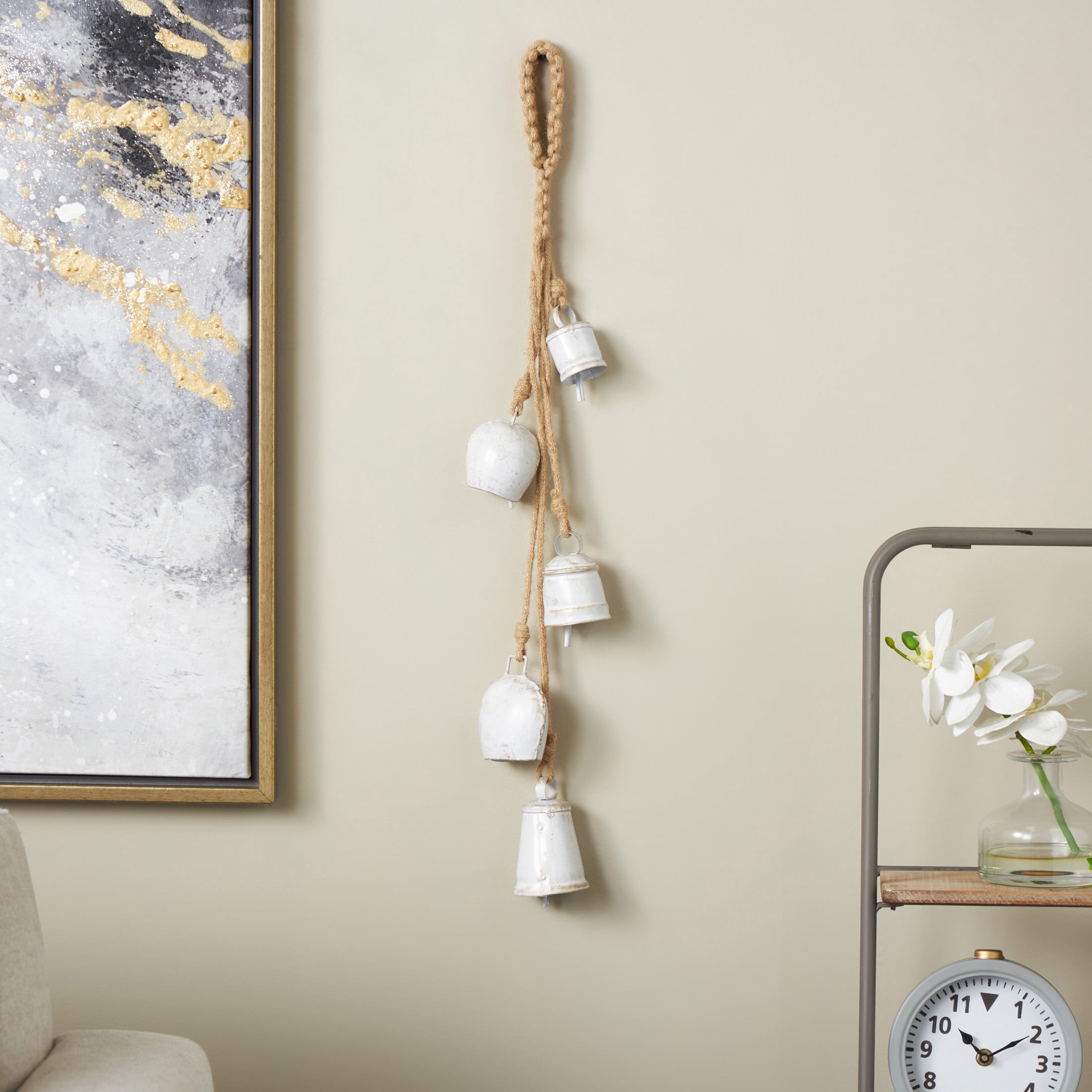 DecMode Tibetan Inspired Cascading White Metal Various Shapes Decorative Bells with 5 Bells on Jute Hanging Rope