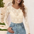 thumbnail image 2 of Miluxas Womens Mesh Tops Lace Long Sleeve Shirts Crewneck Slim Fitted Outfits See Through Blouses Beige M(M), 2 of 5