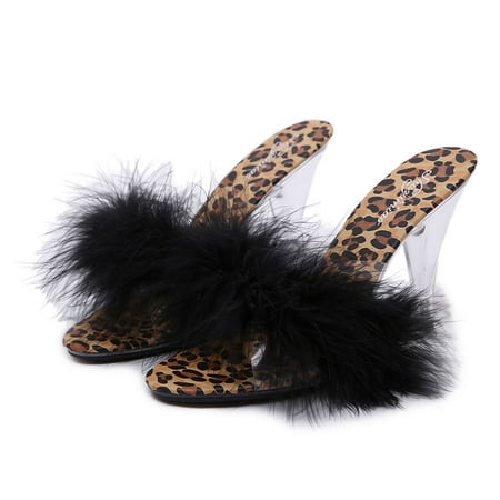 

IELGY Women s leopard print slippers thick heel high heel furry decoration open