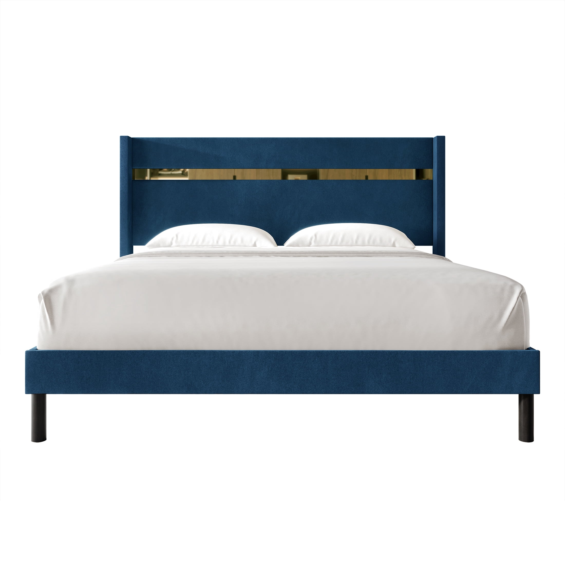 Castle Place Luxury Glam Velvet Wingback Twin Platform Bed with Gold Acrylic Accents, Navy Blue