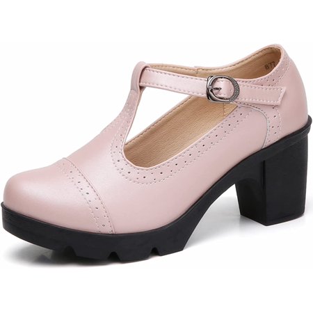 

Women s Leather Classic T-Strap Platform Chunky Mid-Heel Square Toe Oxfords Dress Pump Shoes