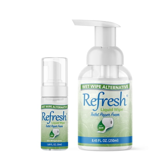 Refresh Liquid Wipe Toilet Paper Foam – Eco-Friendly Flushable Wet Wipe Alternative, Cleanses & Soothes with Witch Hazel & Aloe, Septic & Plumbing Safe 250ml/50ml (10.14 oz Total) (Combo Pack)