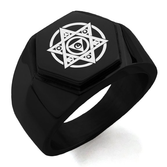 Stainless Steel Arcanism Magic Rune Engraved Hexagon Crest Flat Top Biker Style Polished Ring