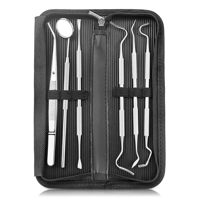Este kit de limpieza dental de 6 piezas incluye palillos de dientes, un espejo dental, un raspador de placa, una sonda dental, un raspador dental y pinzas dentales.